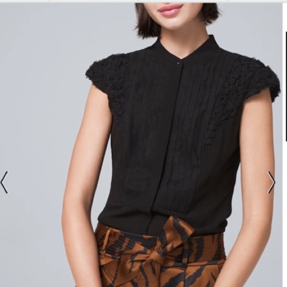 WHBM | Short Sleeve Shirred Mesh Bib Blouse In Black